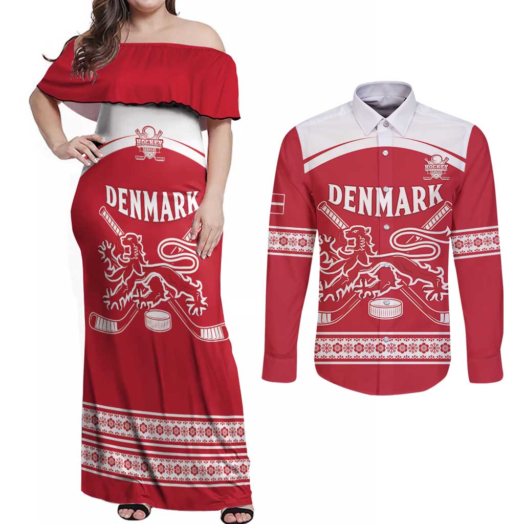 Custom Denmark Hockey Couples Matching Off Shoulder Maxi Dress and Long Sleeve Button Shirt Come On Danish Lions
