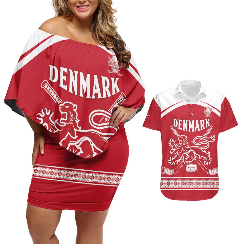 Custom Denmark Hockey Couples Matching Off Shoulder Short Dress and Hawaiian Shirt Come On Danish Lions