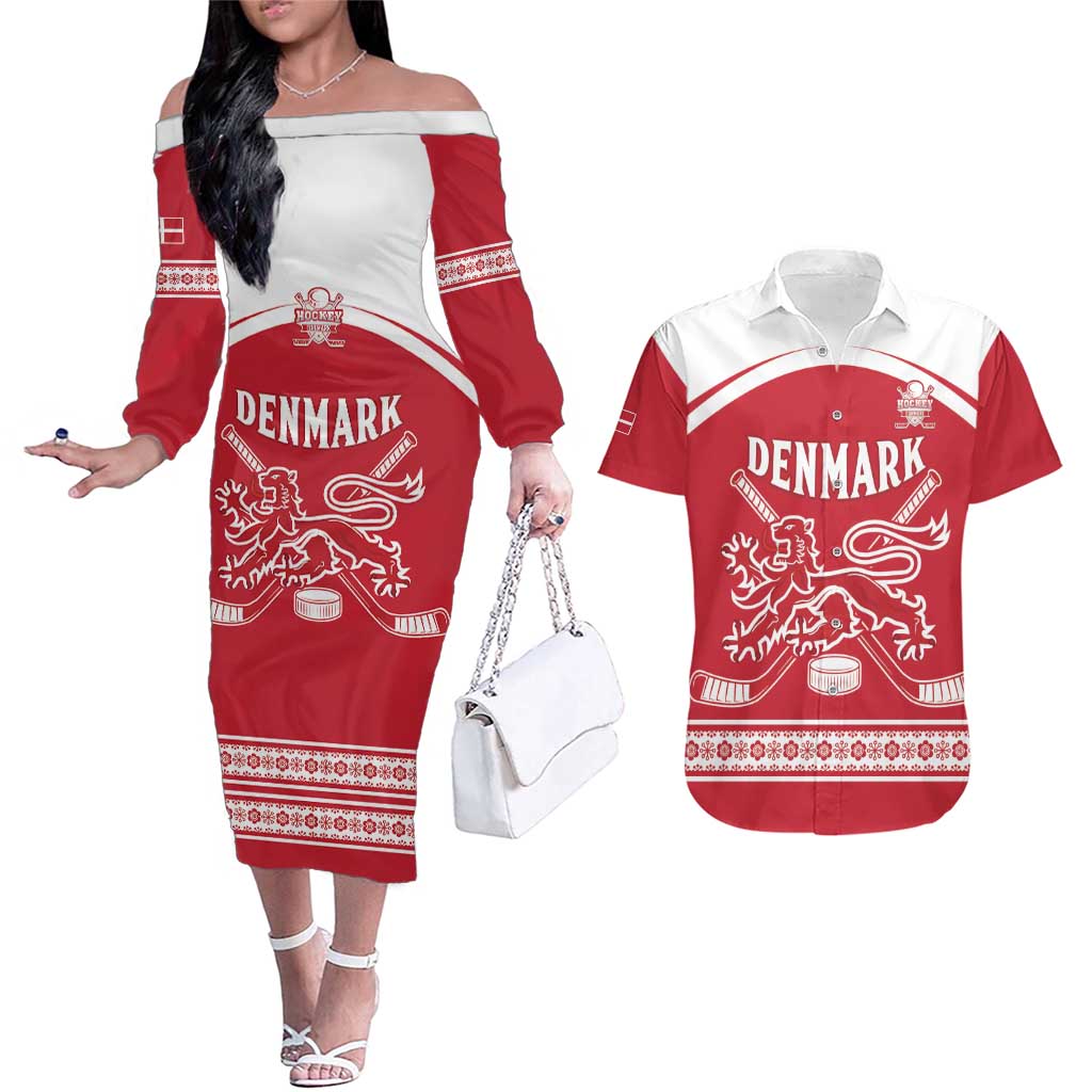 Custom Denmark Hockey Couples Matching Off The Shoulder Long Sleeve Dress and Hawaiian Shirt Come On Danish Lions