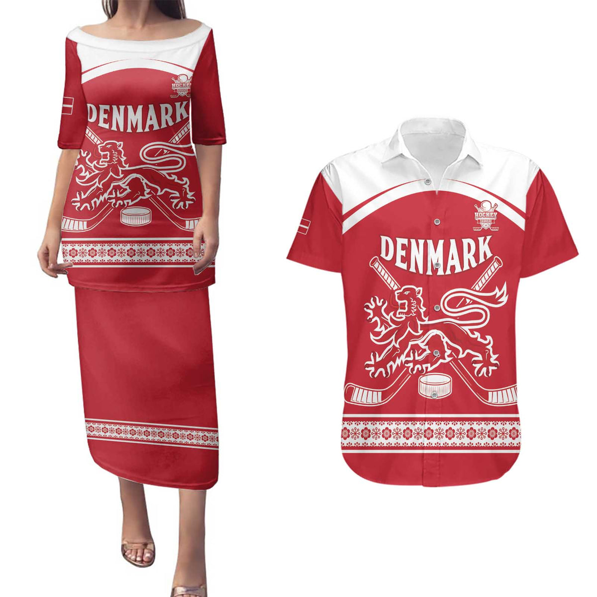Custom Denmark Hockey Couples Matching Puletasi and Hawaiian Shirt Come On Danish Lions