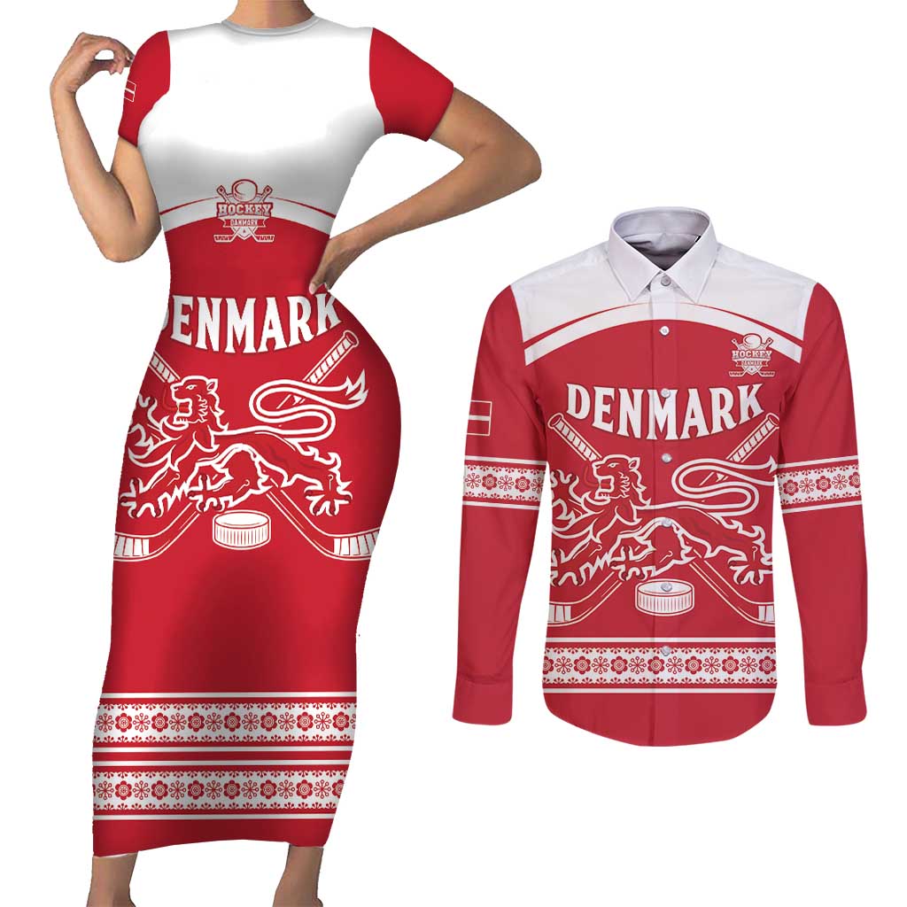 Custom Denmark Hockey Couples Matching Short Sleeve Bodycon Dress and Long Sleeve Button Shirt Come On Danish Lions