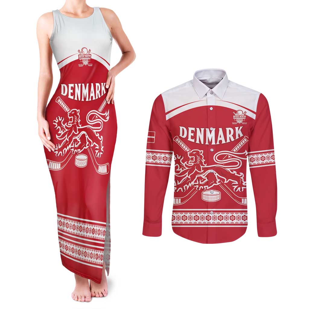 Custom Denmark Hockey Couples Matching Tank Maxi Dress and Long Sleeve Button Shirt Come On Danish Lions
