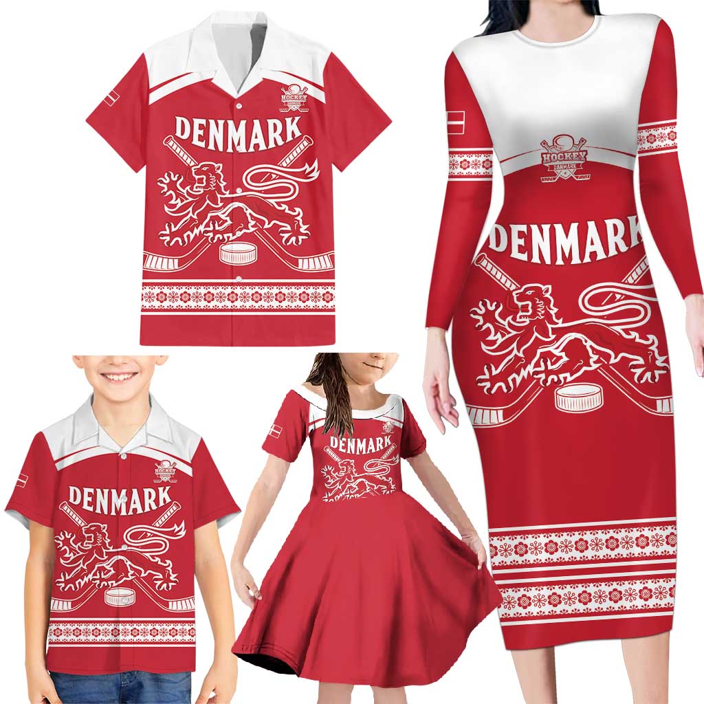 Custom Denmark Hockey Family Matching Long Sleeve Bodycon Dress and Hawaiian Shirt Come On Danish Lions