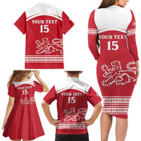 Custom Denmark Hockey Family Matching Long Sleeve Bodycon Dress and Hawaiian Shirt Come On Danish Lions