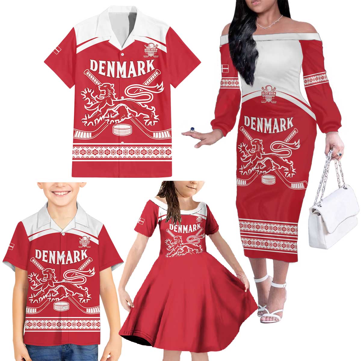 Custom Denmark Hockey Family Matching Off The Shoulder Long Sleeve Dress and Hawaiian Shirt Come On Danish Lions