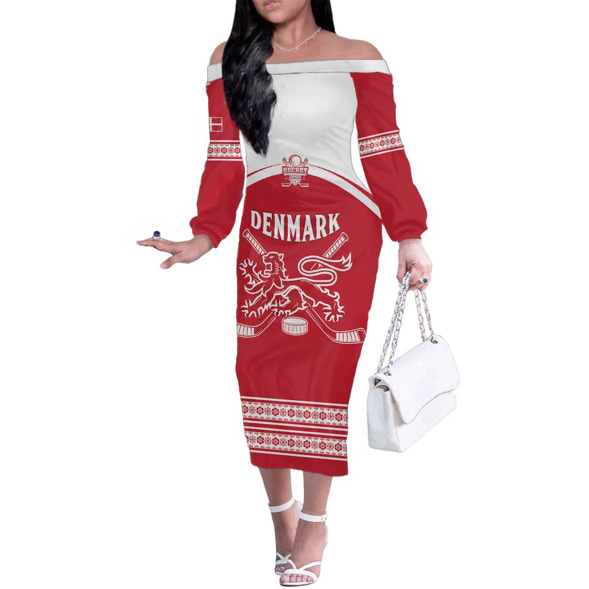 Custom Denmark Hockey Family Matching Off The Shoulder Long Sleeve Dress and Hawaiian Shirt Come On Danish Lions
