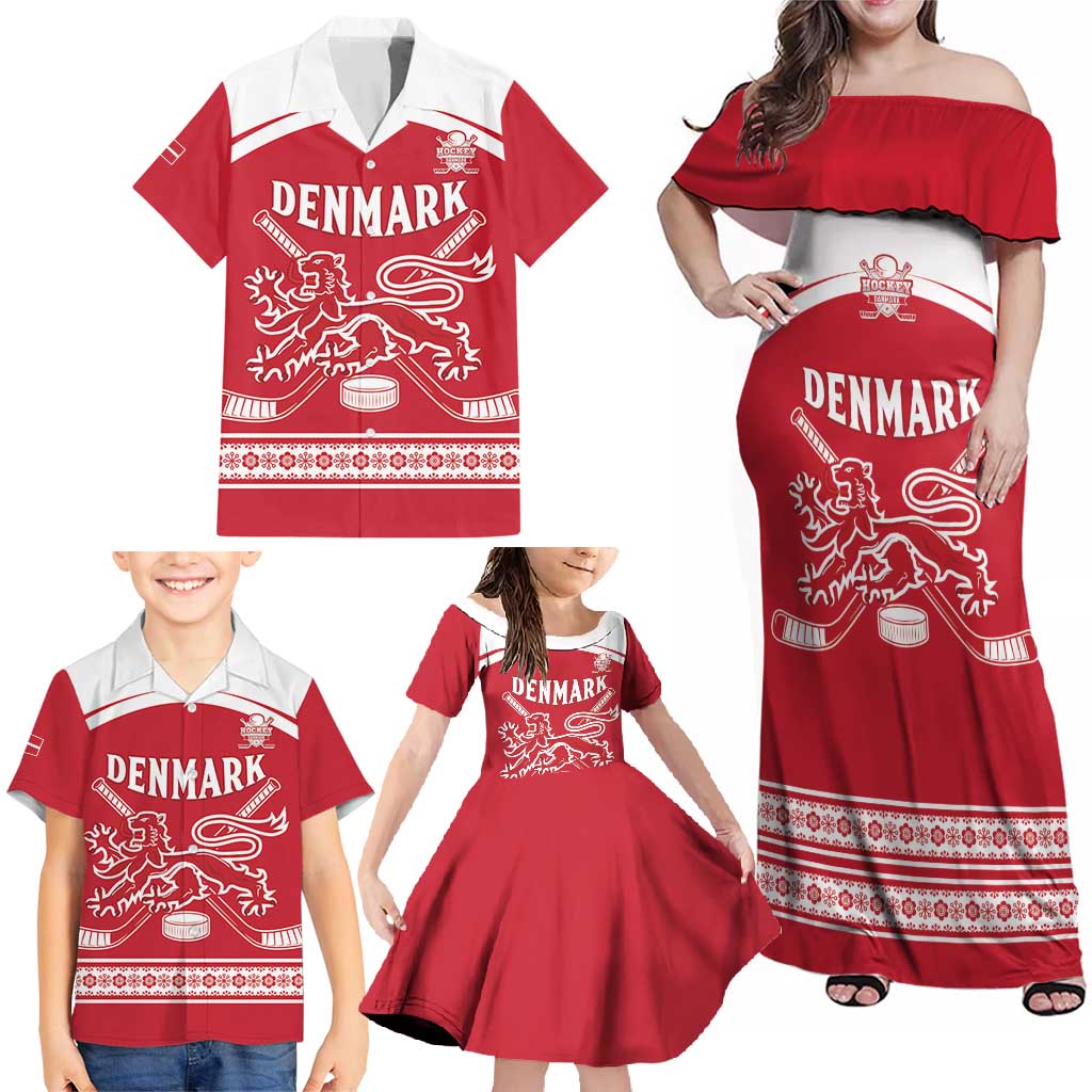 Custom Denmark Hockey Family Matching Off Shoulder Maxi Dress and Hawaiian Shirt Come On Danish Lions