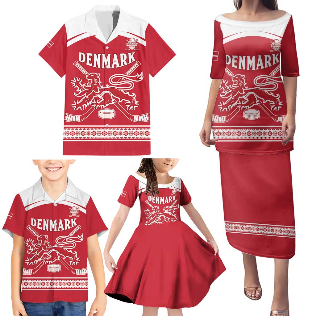 Custom Denmark Hockey Family Matching Puletasi and Hawaiian Shirt Come On Danish Lions