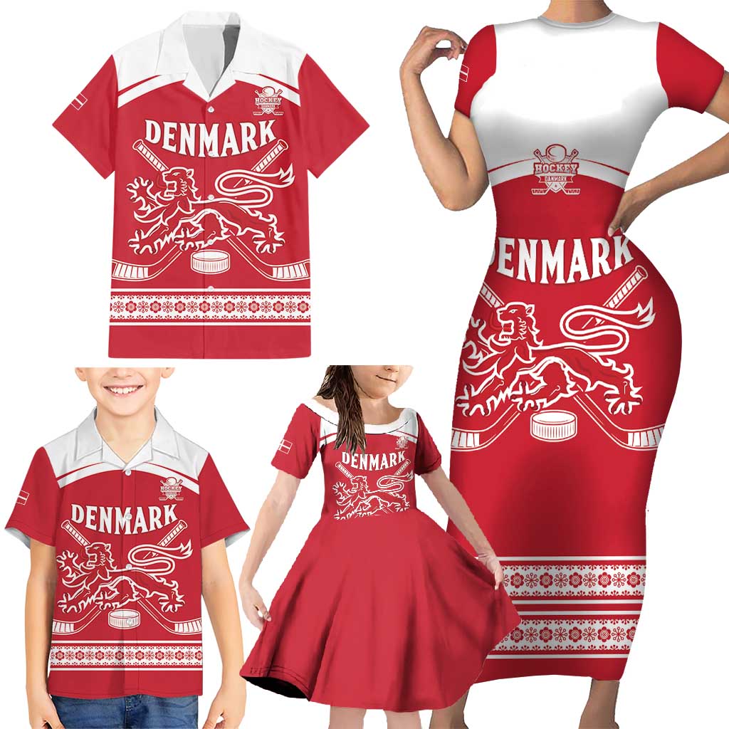 Custom Denmark Hockey Family Matching Short Sleeve Bodycon Dress and Hawaiian Shirt Come On Danish Lions