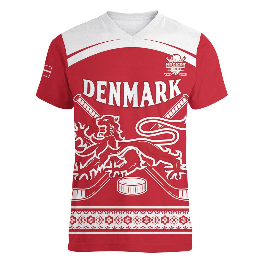 Custom Denmark Hockey Women V-Neck T-Shirt Come On Danish Lions