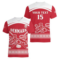 Custom Denmark Hockey Women V-Neck T-Shirt Come On Danish Lions