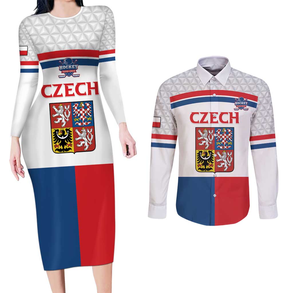 Custom Czech Hockey Couples Matching Long Sleeve Bodycon Dress and Long Sleeve Button Shirt Go Cesko
