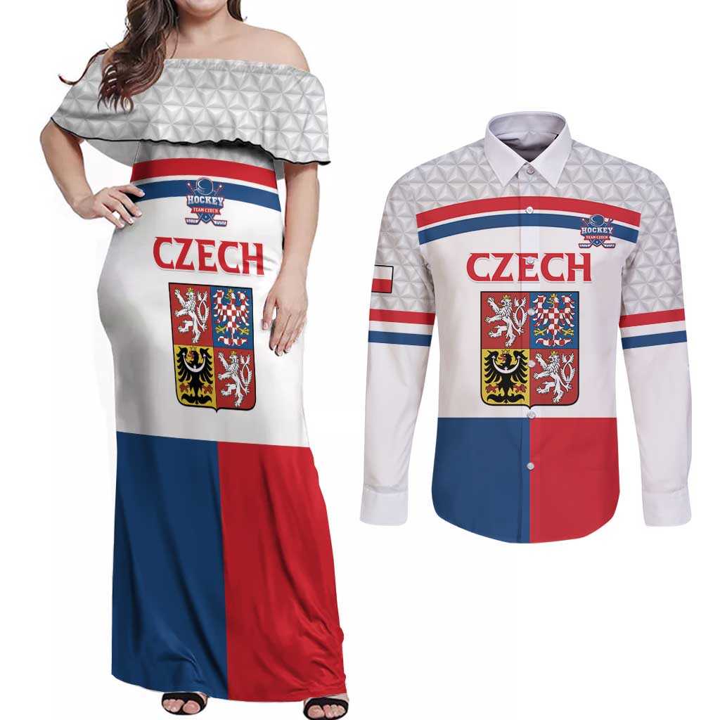 Custom Czech Hockey Couples Matching Off Shoulder Maxi Dress and Long Sleeve Button Shirt Go Cesko