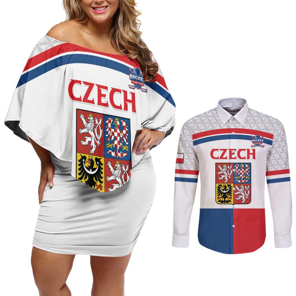 Custom Czech Hockey Couples Matching Off Shoulder Short Dress and Long Sleeve Button Shirt Go Cesko
