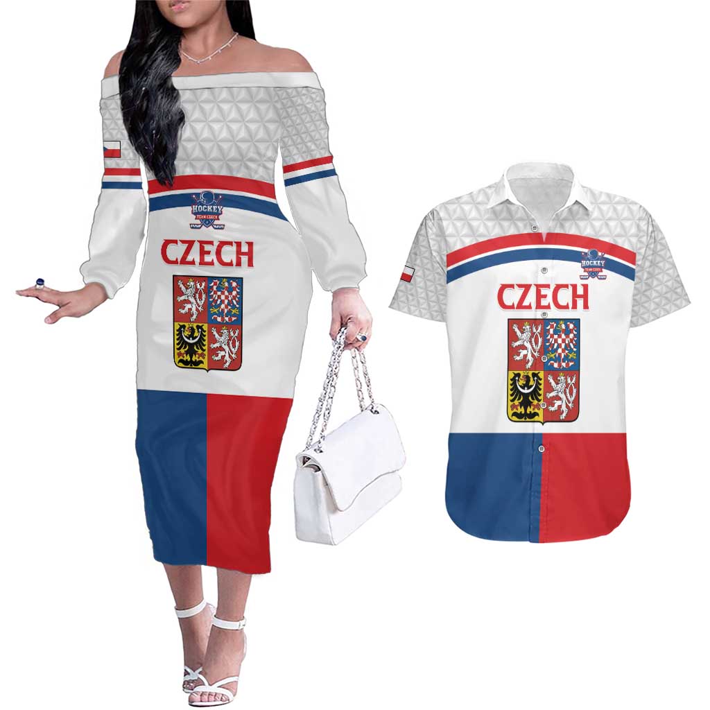 Custom Czech Hockey Couples Matching Off The Shoulder Long Sleeve Dress and Hawaiian Shirt Go Cesko