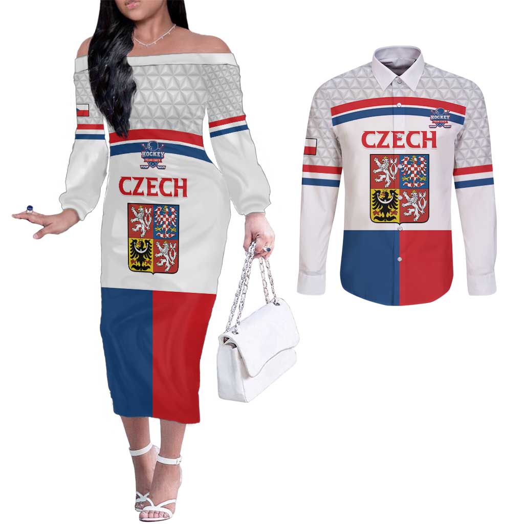 Custom Czech Hockey Couples Matching Off The Shoulder Long Sleeve Dress and Long Sleeve Button Shirt Go Cesko