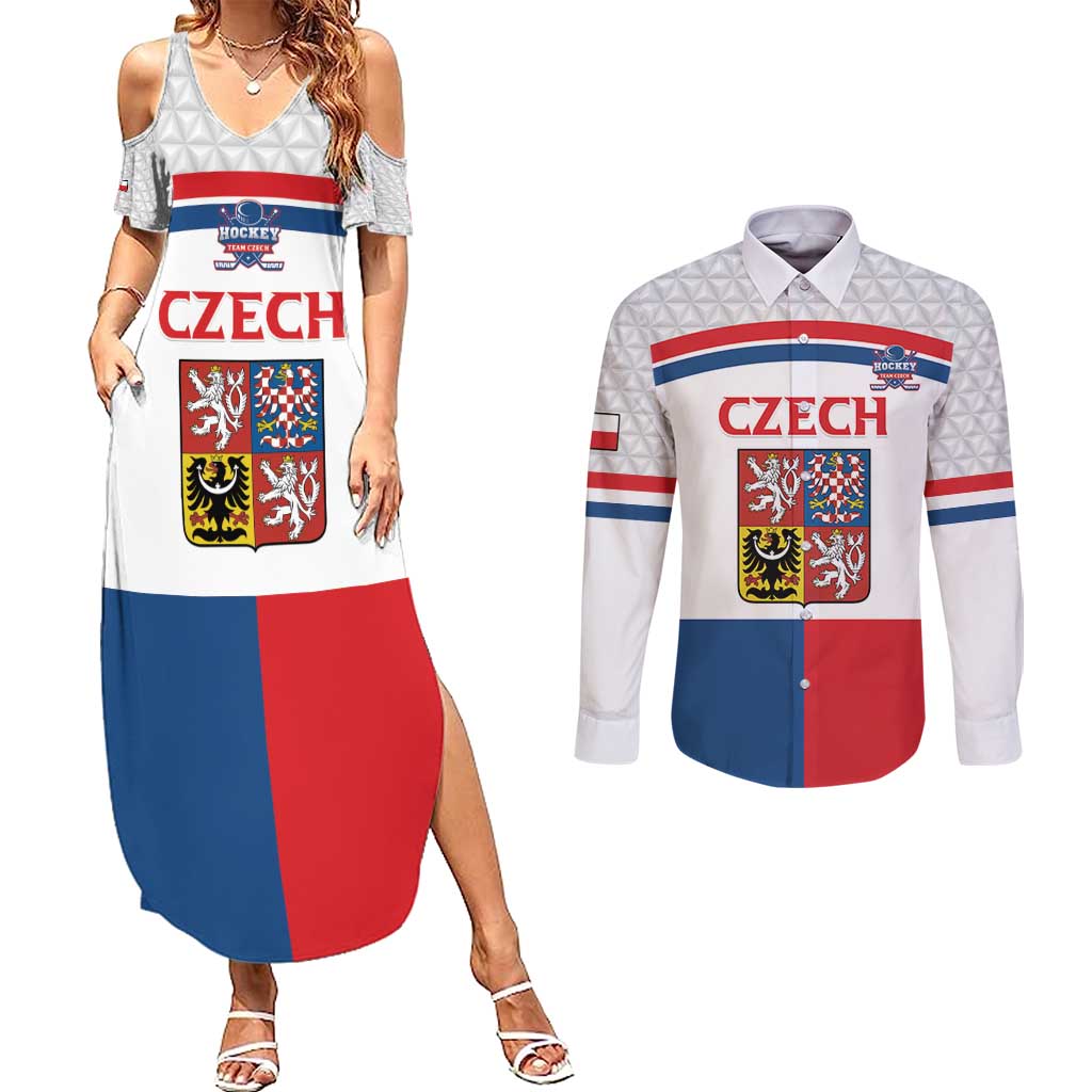 Custom Czech Hockey Couples Matching Summer Maxi Dress and Long Sleeve Button Shirt Go Cesko