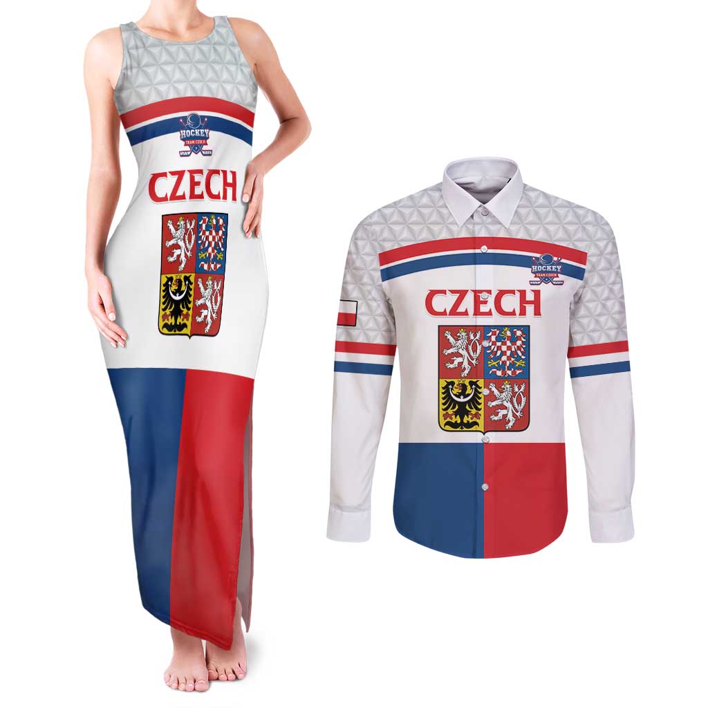 Custom Czech Hockey Couples Matching Tank Maxi Dress and Long Sleeve Button Shirt Go Cesko