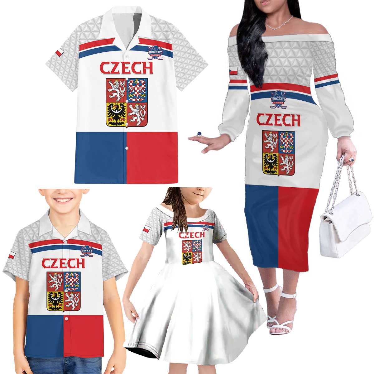 Custom Czech Hockey Family Matching Off The Shoulder Long Sleeve Dress and Hawaiian Shirt Go Cesko