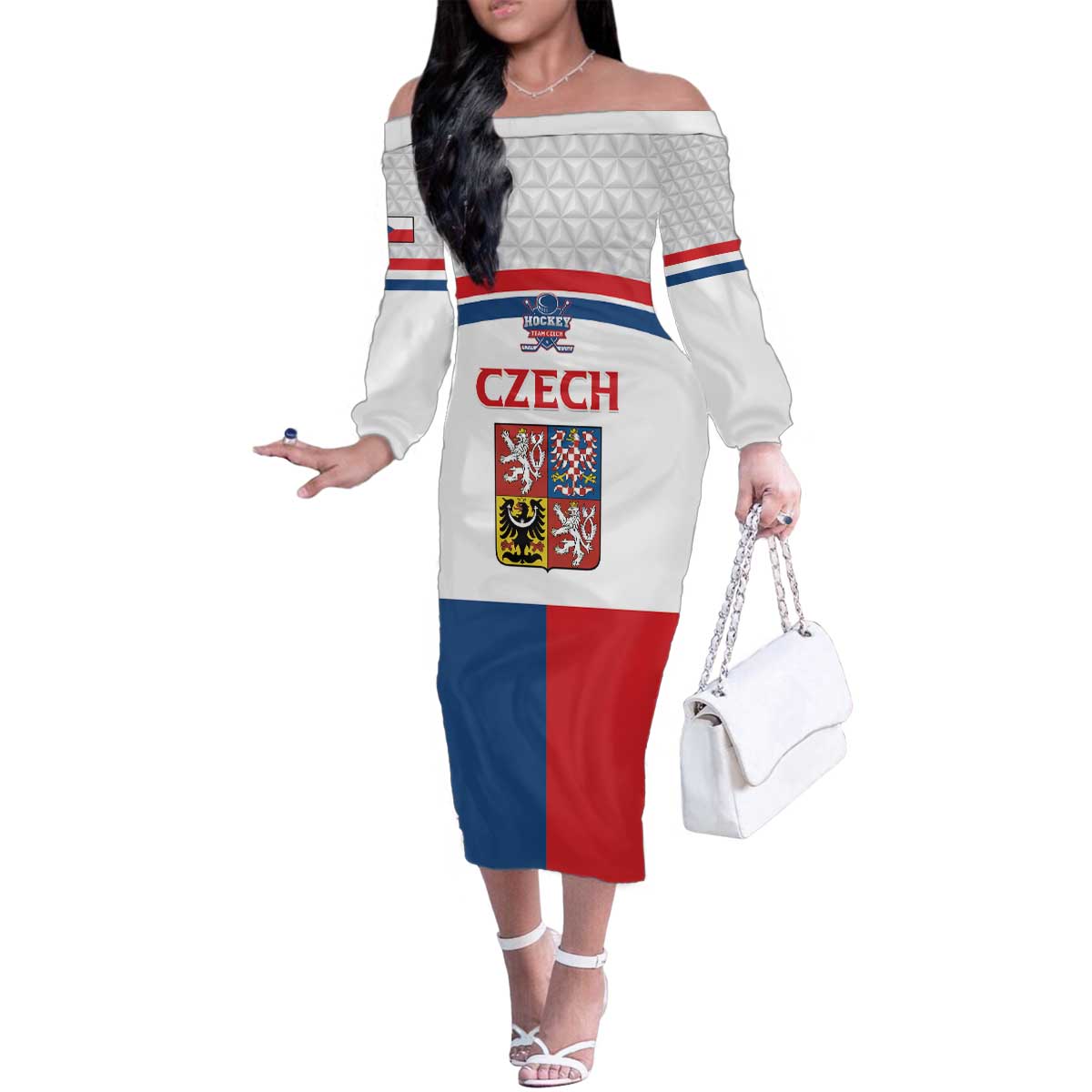 Custom Czech Hockey Family Matching Off The Shoulder Long Sleeve Dress and Hawaiian Shirt Go Cesko