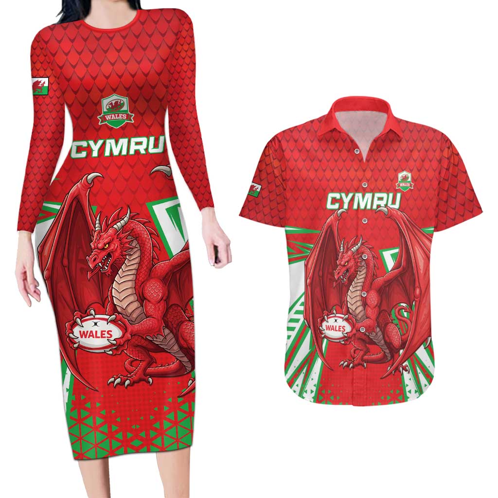 Wales Rugby Custom Couples Matching Long Sleeve Bodycon Dress and Hawaiian Shirt Dragon Scales Style - Wonder Print Shop
