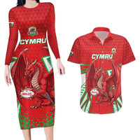 Wales Rugby Custom Couples Matching Long Sleeve Bodycon Dress and Hawaiian Shirt Dragon Scales Style - Wonder Print Shop