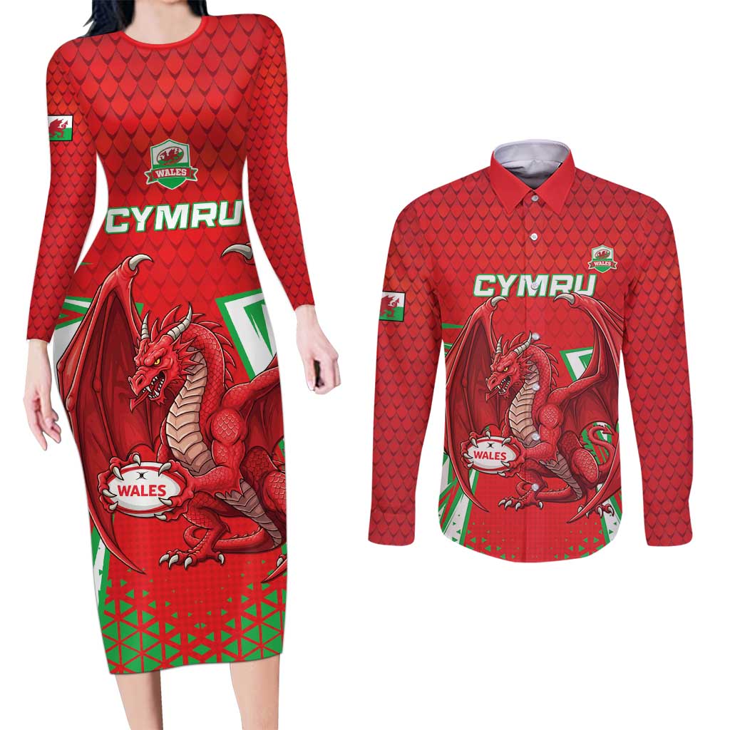 Wales Rugby Custom Couples Matching Long Sleeve Bodycon Dress and Long Sleeve Button Shirt Dragon Scales Style - Wonder Print Shop