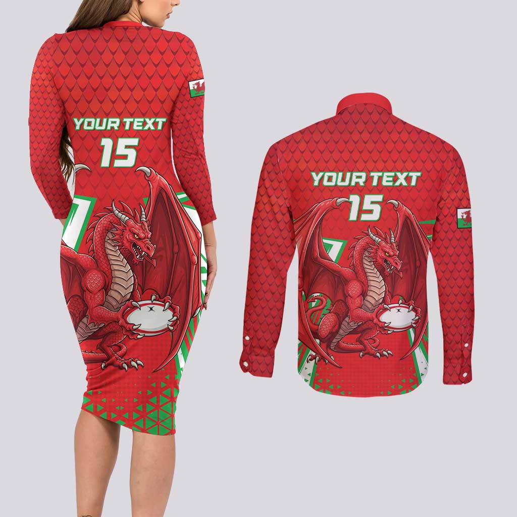 Wales Rugby Custom Couples Matching Long Sleeve Bodycon Dress and Long Sleeve Button Shirt Dragon Scales Style - Wonder Print Shop