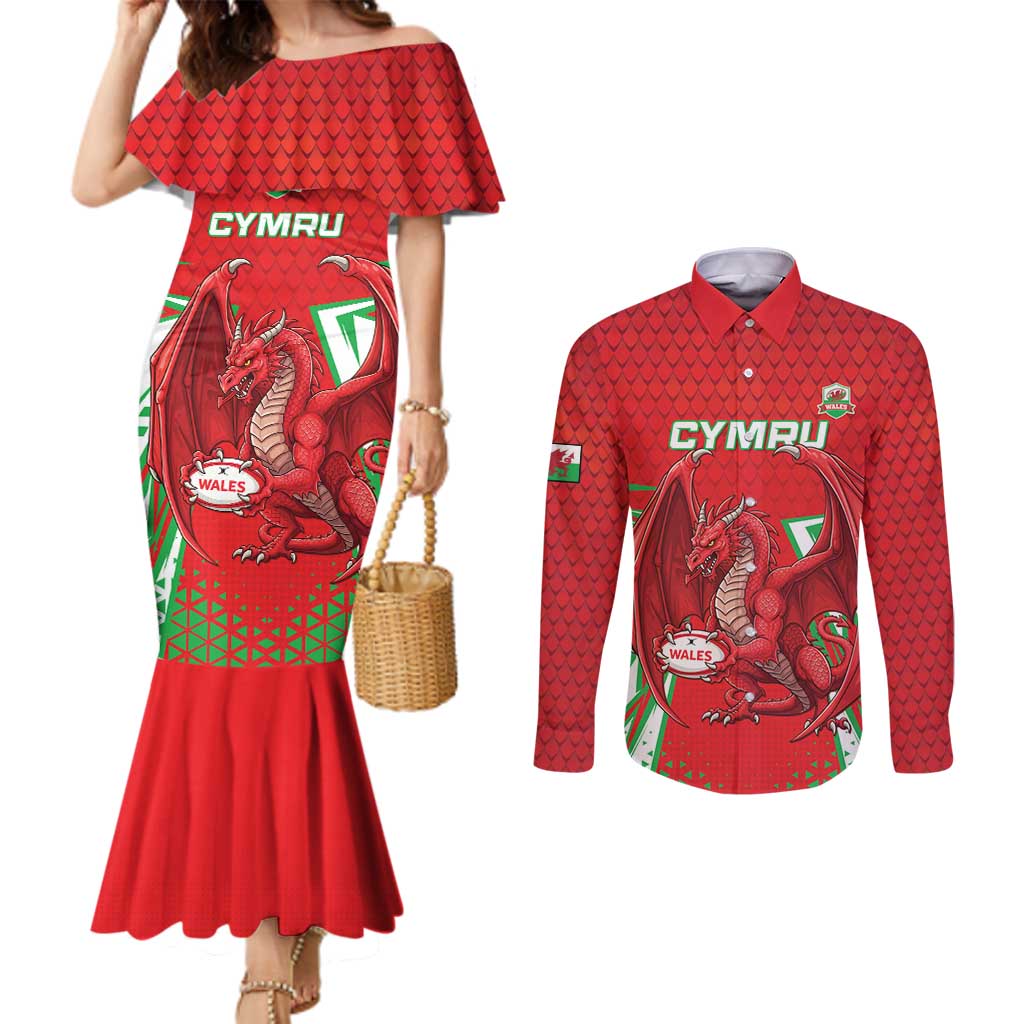 Wales Rugby Custom Couples Matching Mermaid Dress and Long Sleeve Button Shirt Dragon Scales Style - Wonder Print Shop