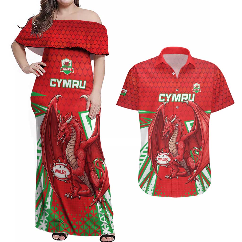 Wales Rugby Custom Couples Matching Off Shoulder Maxi Dress and Hawaiian Shirt Dragon Scales Style - Wonder Print Shop