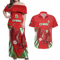 Wales Rugby Custom Couples Matching Off Shoulder Maxi Dress and Hawaiian Shirt Dragon Scales Style - Wonder Print Shop