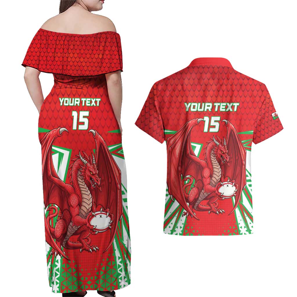 Wales Rugby Custom Couples Matching Off Shoulder Maxi Dress and Hawaiian Shirt Dragon Scales Style - Wonder Print Shop