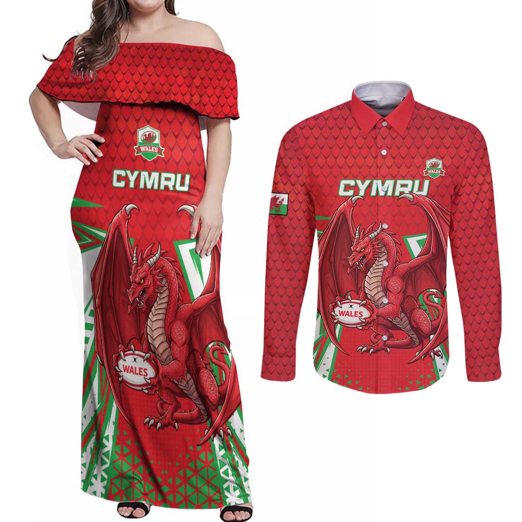 Wales Rugby Custom Couples Matching Off Shoulder Maxi Dress and Long Sleeve Button Shirt Dragon Scales Style - Wonder Print Shop