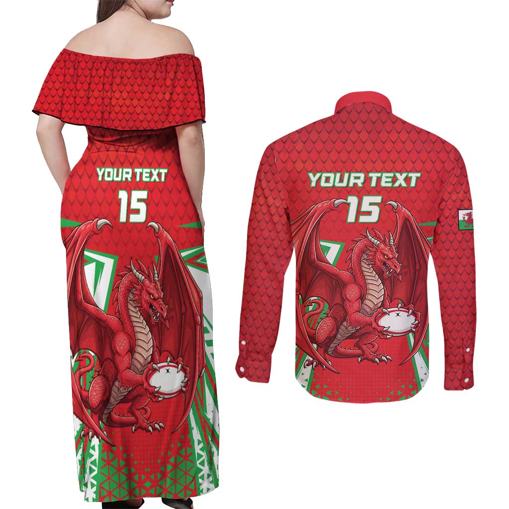 Wales Rugby Custom Couples Matching Off Shoulder Maxi Dress and Long Sleeve Button Shirt Dragon Scales Style - Wonder Print Shop