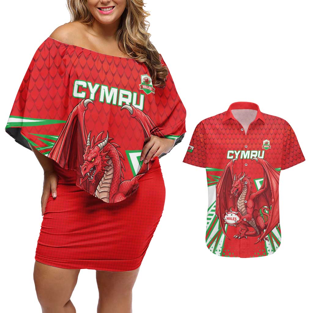 Wales Rugby Custom Couples Matching Off Shoulder Short Dress and Hawaiian Shirt Dragon Scales Style - Wonder Print Shop