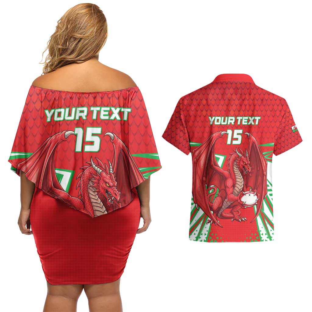 Wales Rugby Custom Couples Matching Off Shoulder Short Dress and Hawaiian Shirt Dragon Scales Style - Wonder Print Shop