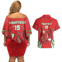 Wales Rugby Custom Couples Matching Off Shoulder Short Dress and Hawaiian Shirt Dragon Scales Style - Wonder Print Shop
