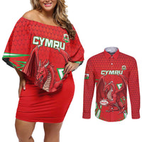 Wales Rugby Custom Couples Matching Off Shoulder Short Dress and Long Sleeve Button Shirt Dragon Scales Style - Wonder Print Shop