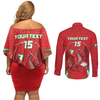Wales Rugby Custom Couples Matching Off Shoulder Short Dress and Long Sleeve Button Shirt Dragon Scales Style - Wonder Print Shop