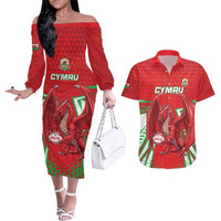 Wales Rugby Custom Couples Matching Off The Shoulder Long Sleeve Dress and Hawaiian Shirt Dragon Scales Style - Wonder Print Shop
