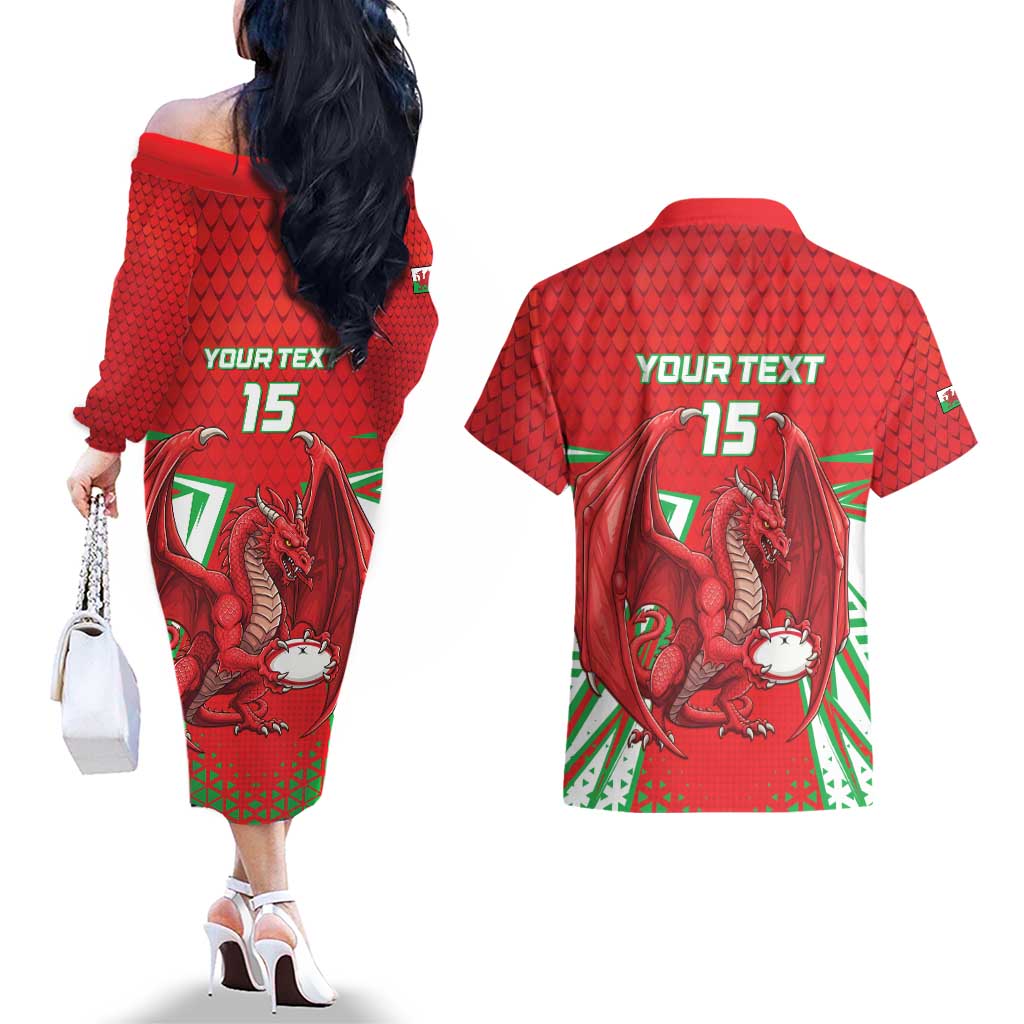 Wales Rugby Custom Couples Matching Off The Shoulder Long Sleeve Dress and Hawaiian Shirt Dragon Scales Style - Wonder Print Shop
