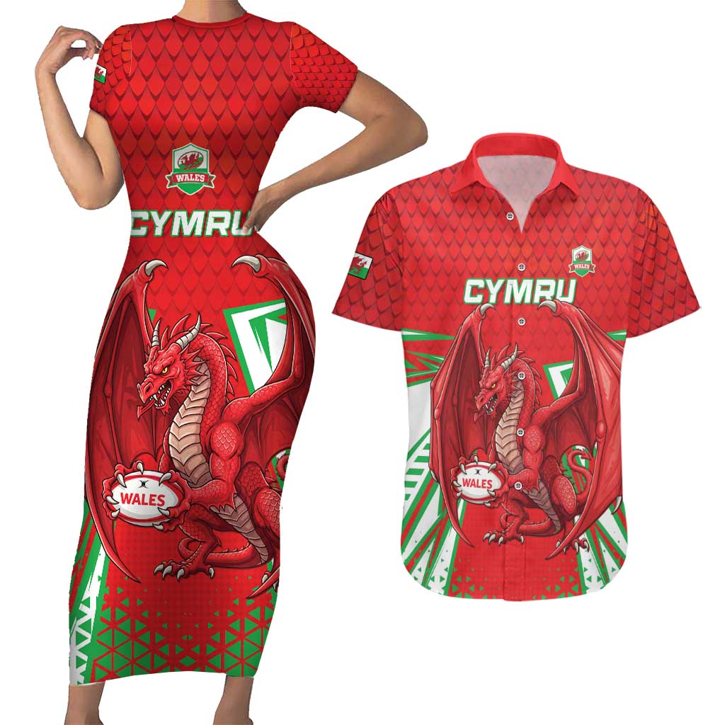 Wales Rugby Custom Couples Matching Short Sleeve Bodycon Dress and Hawaiian Shirt Dragon Scales Style - Wonder Print Shop