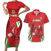 Wales Rugby Custom Couples Matching Short Sleeve Bodycon Dress and Hawaiian Shirt Dragon Scales Style - Wonder Print Shop