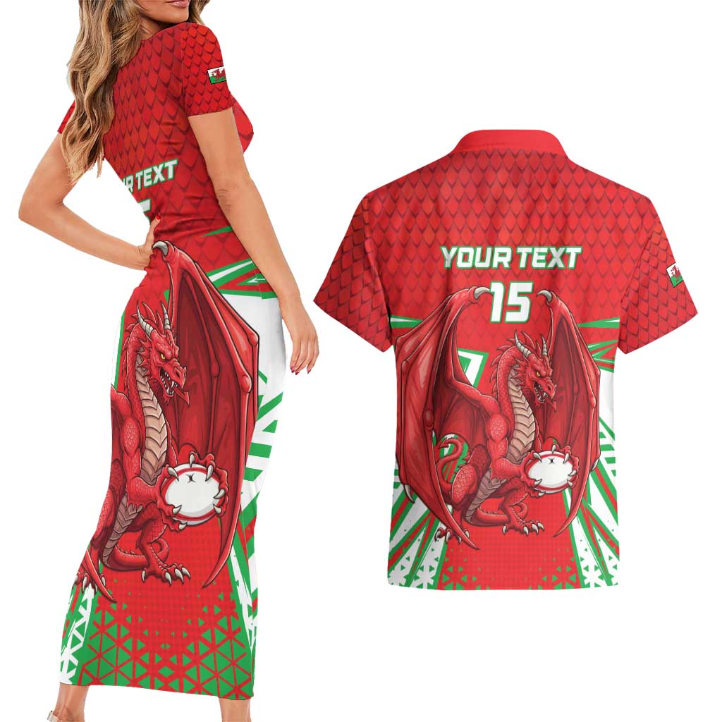 Wales Rugby Custom Couples Matching Short Sleeve Bodycon Dress and Hawaiian Shirt Dragon Scales Style - Wonder Print Shop
