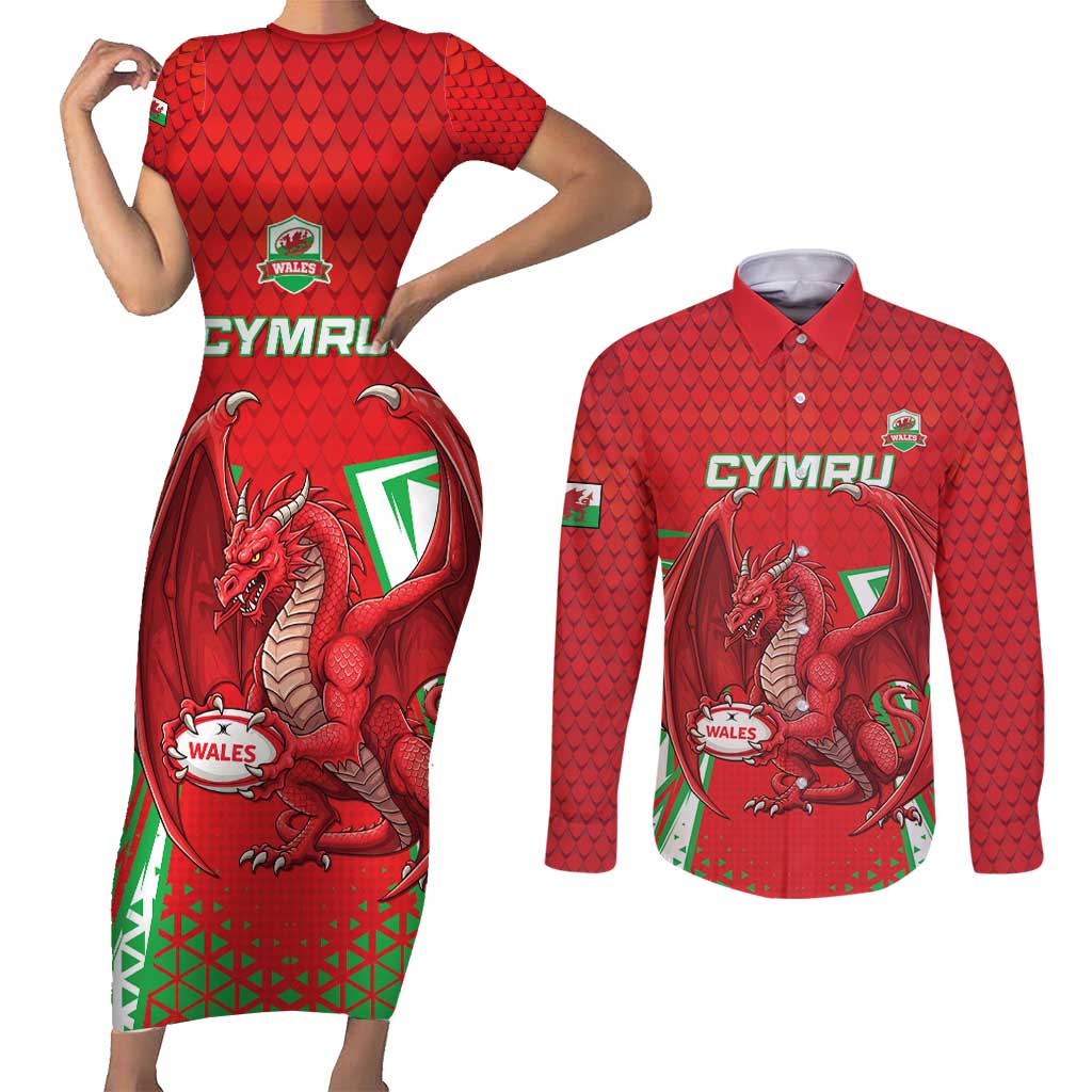Wales Rugby Custom Couples Matching Short Sleeve Bodycon Dress and Long Sleeve Button Shirt Dragon Scales Style - Wonder Print Shop