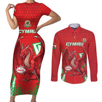 Wales Rugby Custom Couples Matching Short Sleeve Bodycon Dress and Long Sleeve Button Shirt Dragon Scales Style - Wonder Print Shop