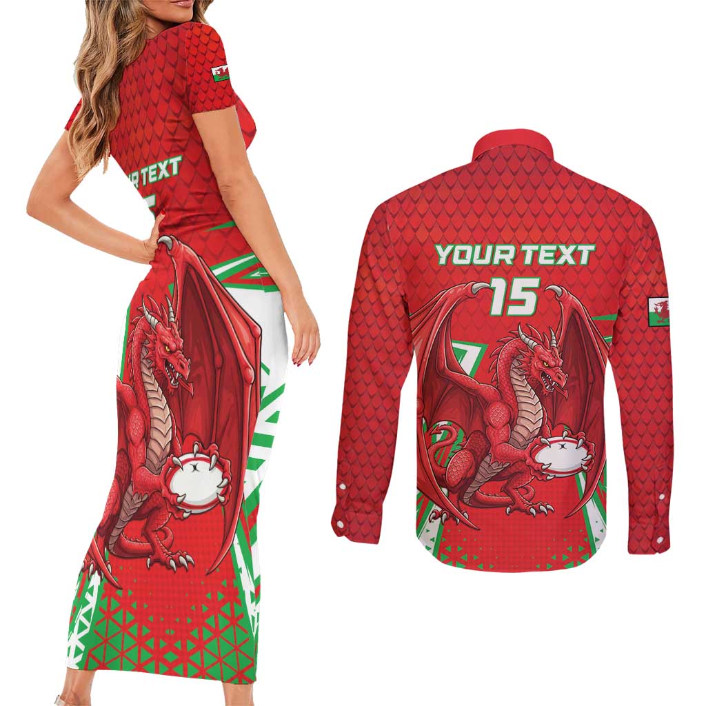 Wales Rugby Custom Couples Matching Short Sleeve Bodycon Dress and Long Sleeve Button Shirt Dragon Scales Style - Wonder Print Shop