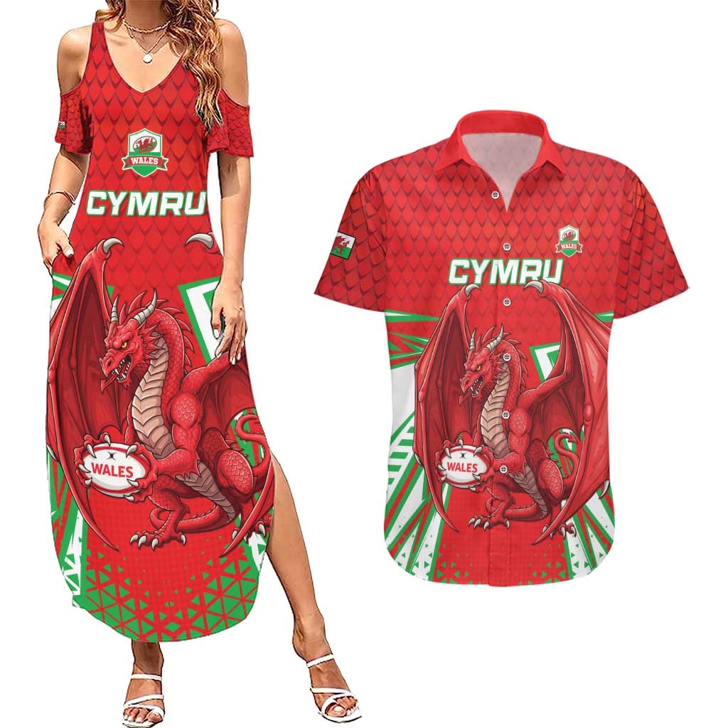 Wales Rugby Custom Couples Matching Summer Maxi Dress and Hawaiian Shirt Dragon Scales Style - Wonder Print Shop
