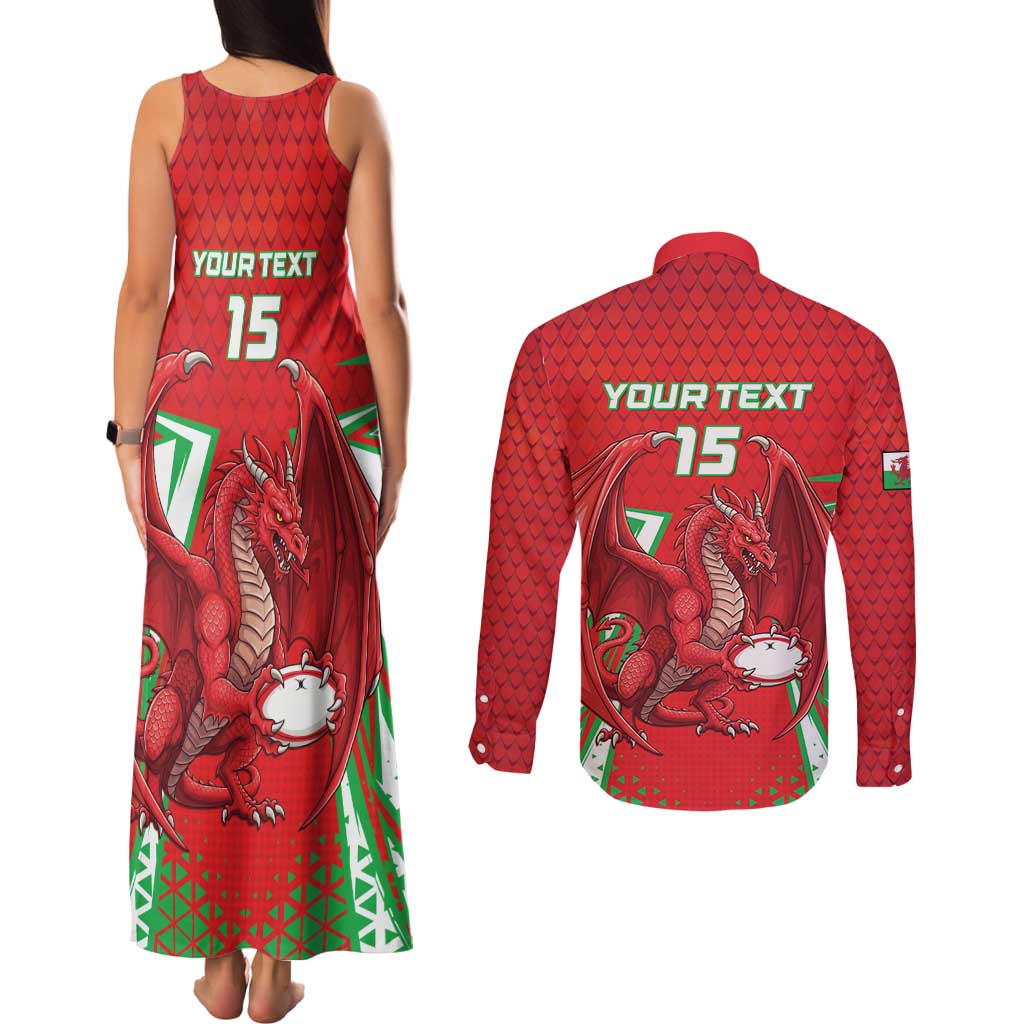 Wales Rugby Custom Couples Matching Tank Maxi Dress and Long Sleeve Button Shirt Dragon Scales Style - Wonder Print Shop