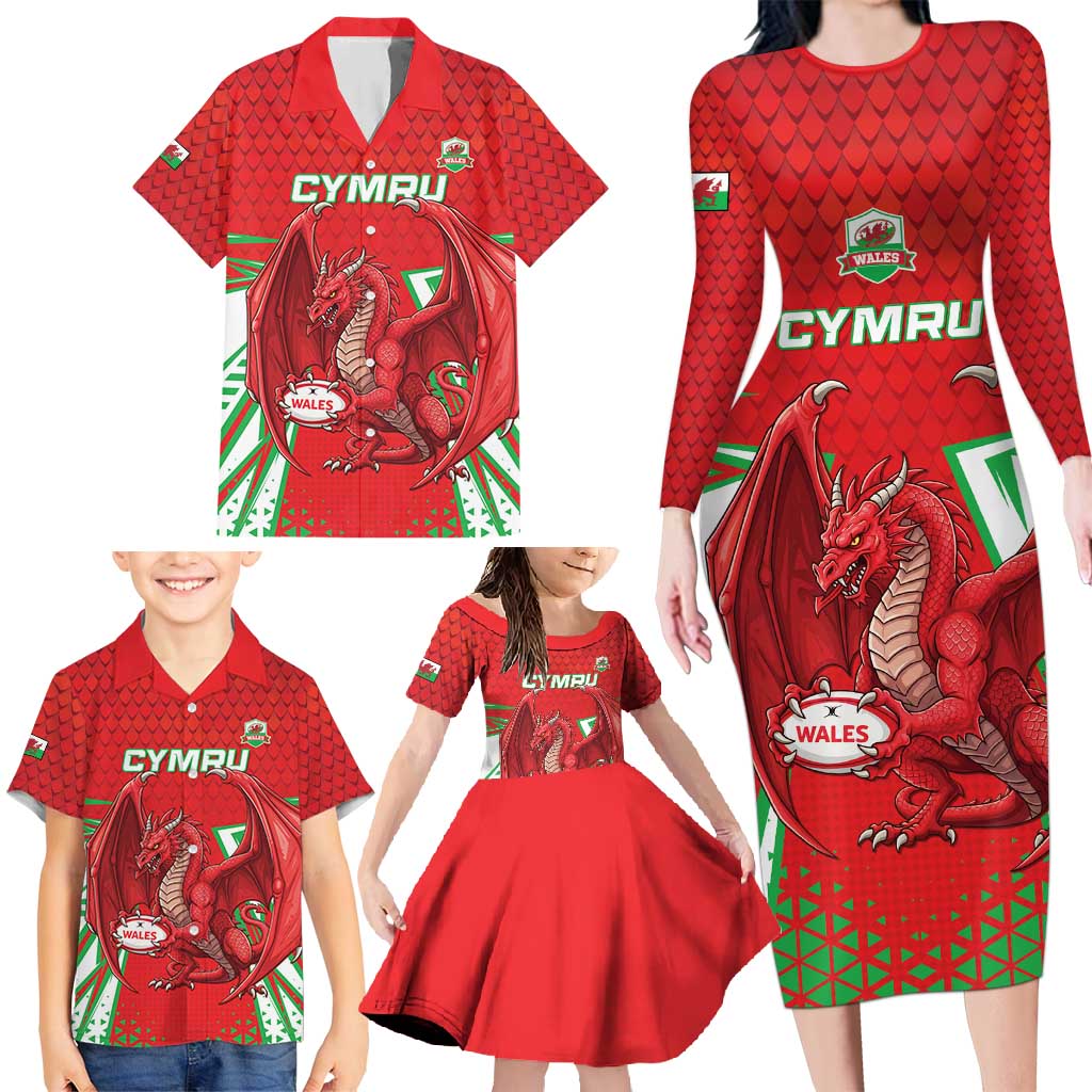 Wales Rugby Custom Family Matching Long Sleeve Bodycon Dress and Hawaiian Shirt Dragon Scales Style - Wonder Print Shop